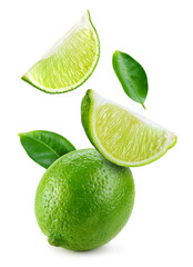 Lime fruit isolate. Lime whole, half, slice, leaf on white. Falling lime slices with leaves. Flying fruit. Full depth of field.. - 408961807