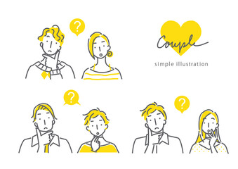 Obraz na płótnie Canvas simple line art illustration, expressive　couples in bicolor, thinking