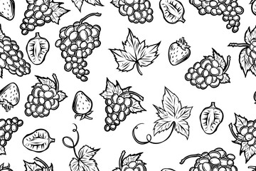 Seamless pattern of grapes and strawberries, monochrome vector