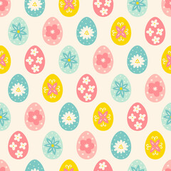 Easter seamless pattern with colorful eggs and flowers. Scandinavian style
