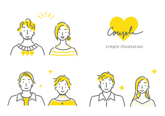 simple line art illustration, expressive　couples in bicolor, smiling face