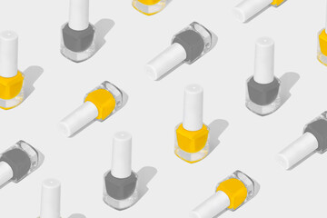 Pattern composition of nail polish on a white background. Colors of the year 2021. Set of shades of Illuminating and Ultimate Grey.