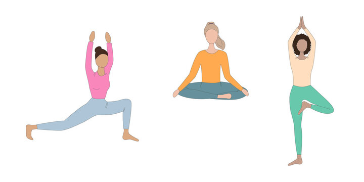 Collection of girls in yoga poses isolated on a white background. Illustration for decoration and design, web pages, banners, posters, magazines.