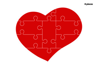 Obraz na płótnie Canvas Heart puzzles grid. Magnet, valentine, sticker, sign, symbol,recognition, invitation. Puzzle 8 pieces, games for thought. Vector drawing.