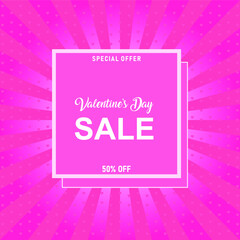 Valentine's Day Sale 50% off Poster or banner with many hearts and on red background. Shop market poster design. Vector illustration. eps 10