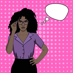 Young African American woman with glasses. Vector image in pop art style.