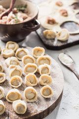 The process of cooking dumplings of Russian and Ukrainian national food. A lot of ready-to-cook pork dumplings on a large wooden board with flour.