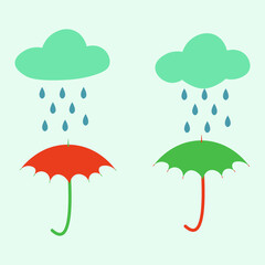 Isolated cloud, raindrops and two colorful umbrellas on a light blue background. Vector illustration of rainy weather. Design element about weather forecast for prints, cards, packings, textile.