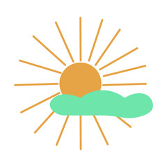 Isolated yellow sun with cloud on a white background. Vector illustration of partly cloudy weather. Design element about weather forecast for prints, cards, packings, textile.