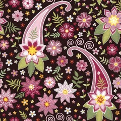 Floral and paisley embroidery seamless pattern. Beautiful embroidered flowers in purple tones. Print for fabric, dress, curtains.