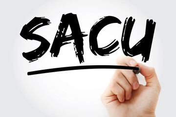 SACU - Southern African Customs Union acronym with marker, concept background