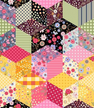 Beautiful patchwork pattern with floral and geometric ornaments. Seamless vector design. Colorful blanket, wrapping, print for fabric.