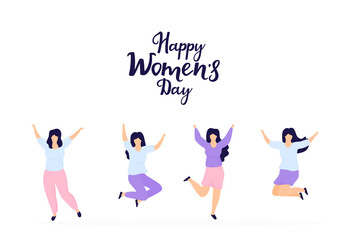 International Women's Day. Sisterhood. Group of young joyful girls jumping with raised hands.