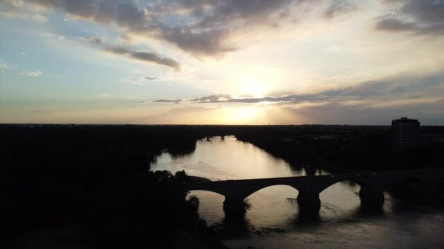 Aerial view of Pavia, Italy, at sunset : the bridge on Ticino river