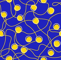 Festive garland, light bulbs, seamless pattern, blue. Color, flat background. Yellow balls and cords on a blue field. Vector. 