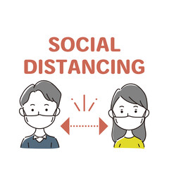 ソーシャルディスタンスをまもるマスクをした大人　ベクター