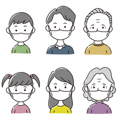 マスクをした三世代家族のバストアップセット　ベクター