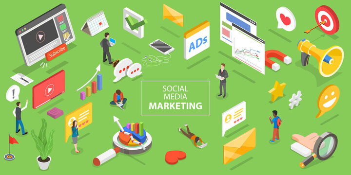 3D Isometric Flat Vector Conceptual Illustration of Social Media Marketing, Digital Advertising Campaign.