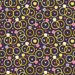 Wedding rings, jewelry. St Valentine's holiday. Relationship, proposal. Seamless pattern, texture, paper, packaging design.