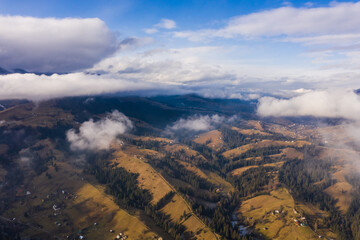 Beautiful winter nature aerial in the Carpathian Mountains, inspiration landscape realtime. Aerial panoramic drone shot