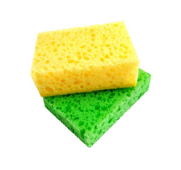 Green and yellow rectangular porous washing sponges isolated on a white background