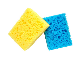 Blue and yellow rectangular porous washing sponges isolated on a white background