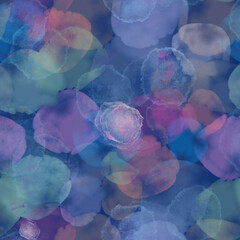 Seamless abstract hand-drawn patterns. Multicolored translucent watercolor stains, silhouettes, blots on a blue background. Design for packaging, postcards, web, fabrics, covers, posters, printing