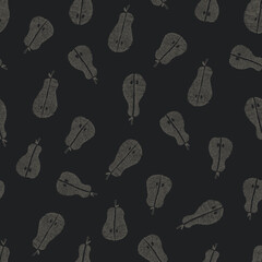 Seamless embroidery style texture of pear. Hand drawn sketch painting on deep color background.