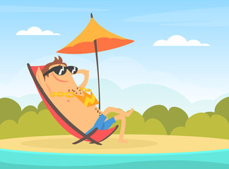 Lucky Rich Man Sunbathing on Lounger at Tropical Resort, Financial Success Concept Cartoon Vector Illustration