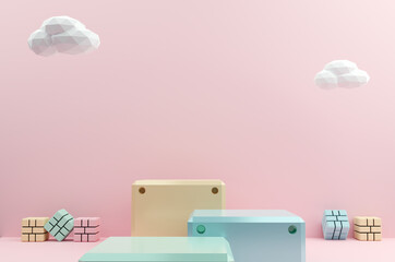 Minimal scene yellow, green ,blue block and white cloud on pink background. Geometric shape.3D rendering.Use For Product Showcase.pastel color Tone.Cute color.