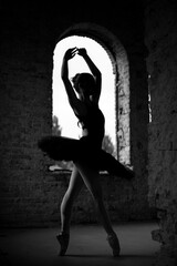 Ballerina. Silhouette of a young graceful classical ballet female dancer dressed in pointe and black tutu skirt, performing an graceful dance movement in old fortification place.