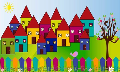 Paisaje de pueblo con casas de colores.