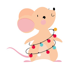 Cute Mouse with Pointed Snout and Rounded Ears Standing with Garland Wrapped Around Its Body Vector Illustration