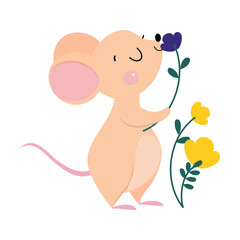 Cute Mouse with Pointed Snout and Rounded Ears Smelling Flower Vector Illustration