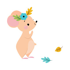 Funny Mouse with Pointed Snout and Rounded Ears Wearing Floral Wreath Vector Illustration