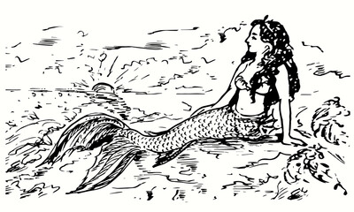 Fototapeta premium Mermaid sitting on rock and looking on ocean landscape with sunset. Ink black and white doodle drawing in woodcut outline style. Vector illustration