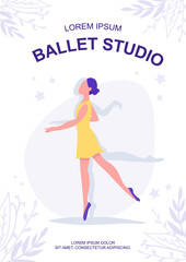 Ballet studio poster flat vector template. Beautiful type of dance. Brochure, booklet one page concept design with cartoon characters. Learning how to show your beauty through movement flyer, leaflet