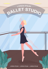 Ballet studio poster flat vector template. Improving your movements through trainings. Brochure, booklet one page concept design with cartoon characters. Beautiful perfomance flyer, leaflet