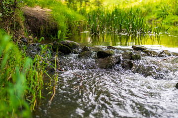 River flow over rocks in summer day. Waves of the river flow. Relaxing nature landscape scenics