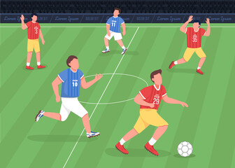 Football match flat color vector illustration. Forward running towards enemy side. Proffessional soccer team players 2D cartoon characters with huge stadium full of shouting fans on background