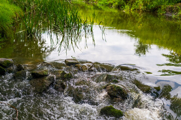 River flow over rocks in summer day. Waves of the river flow. Relaxing nature landscape scenics