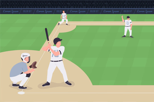 Baseball match flat color vector illustration. Competition between two teams. Proffessional baseball team players 2D cartoon characters with huge stadium full of people on background