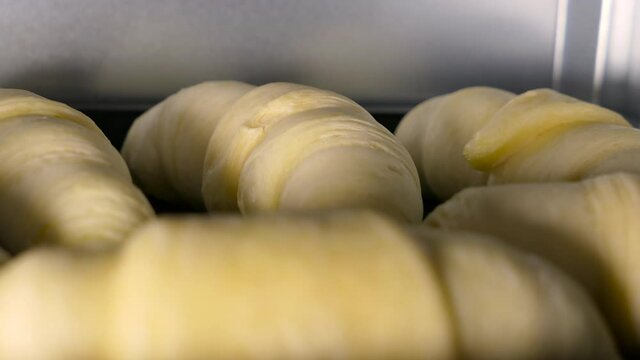 Croissants Baking Inside Oven. Time Lapse Footage of Cooking. Close-Up Time Lapse of Homemade Bakery Croissants from Puff Pastry. Timelapse Delicious Cookie Rising Up In Oven. Selective Focus.