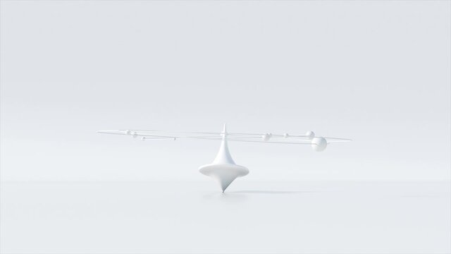White glossy whirligig rings with spheres revolve around them. Monochrome abstract animation, 3d render