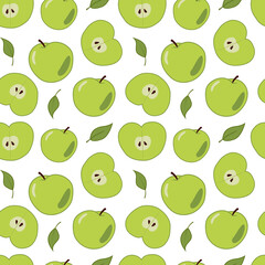 Green apples with leaves in a cut. Seamless repeating colored pattern on a white background. Doodle.
