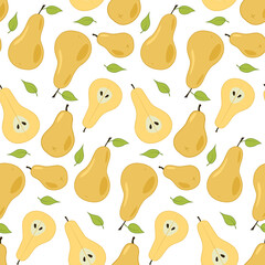 Yellow ripe pears with cut leaves. Seamless repeating colored pattern on a white background. Doodle.