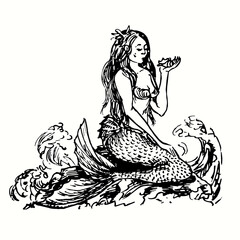 Mermaid sitting on rock and looking on shell in her hand. Ink black and white doodle drawing in woodcut outline style. Vector illustration