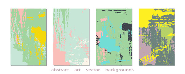 Collection of abstract creative backgrounds. Hand painted textures set. Trendy graphic artwork for poster, cover, invitation. Vector templates with paint strokes and shapes in pastel retro colors.