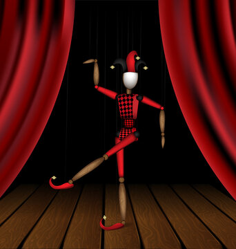 vector illustration wooden theater stage and Harlequin