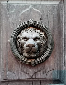 Old front door with a lion's head. Photo of antique sculpture of a lion on the old wooden door.